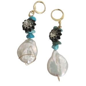 24K Gold Baroque Freshwater Pearl Turquoise Vintage Crystal Huggie Hoop Earring